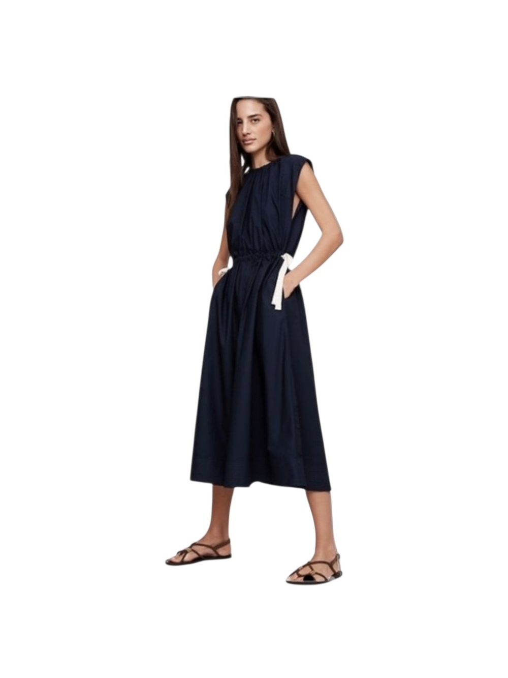 Banana Republic Navy Midi Cotton Poplin Dress with Adjustable Waist Tie Nwt